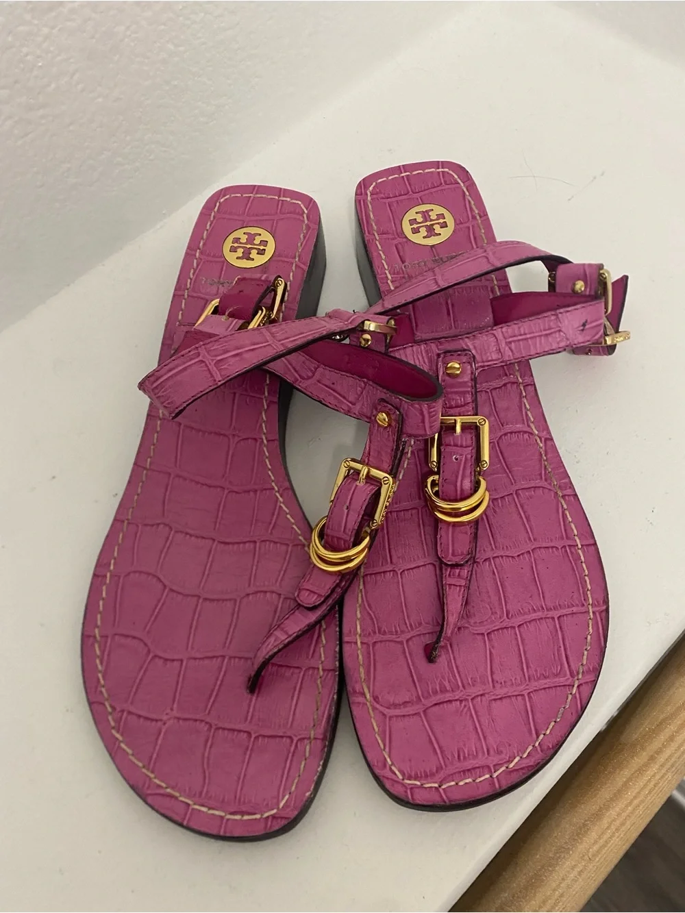 Tory Burch Trent pink croc embossed leather sandals